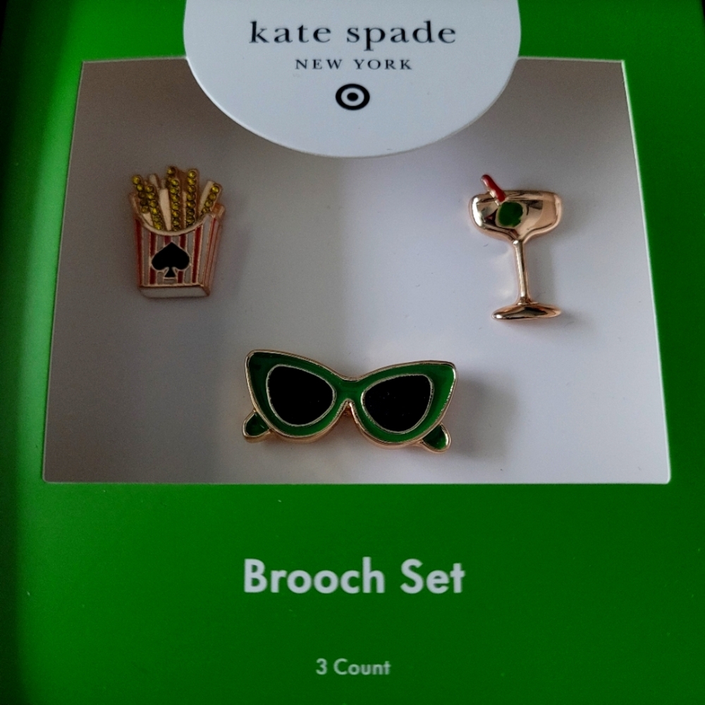 Kate Spade 3 Pc Brooch Set with Green and Black& Gold Accents